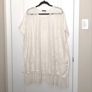 Cream Tasseled Poncho Cover up